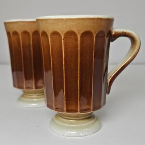 Vtg Mayers China Set 2 Footed Mugs Restaurant Ware Brown Sculptura Coffee Cups
